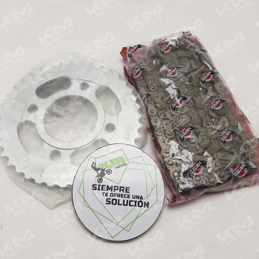 Kit de tracción Universal para arrastre de 38/39T y cadena 428H para modelos FT150, RT180 y GYA, con componentes visibles.