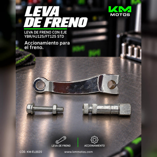 Brazo de leva de freno con eje para YBR, HJ125 y FT125, marca KM Motos, mostrando detalles del componente de freno.