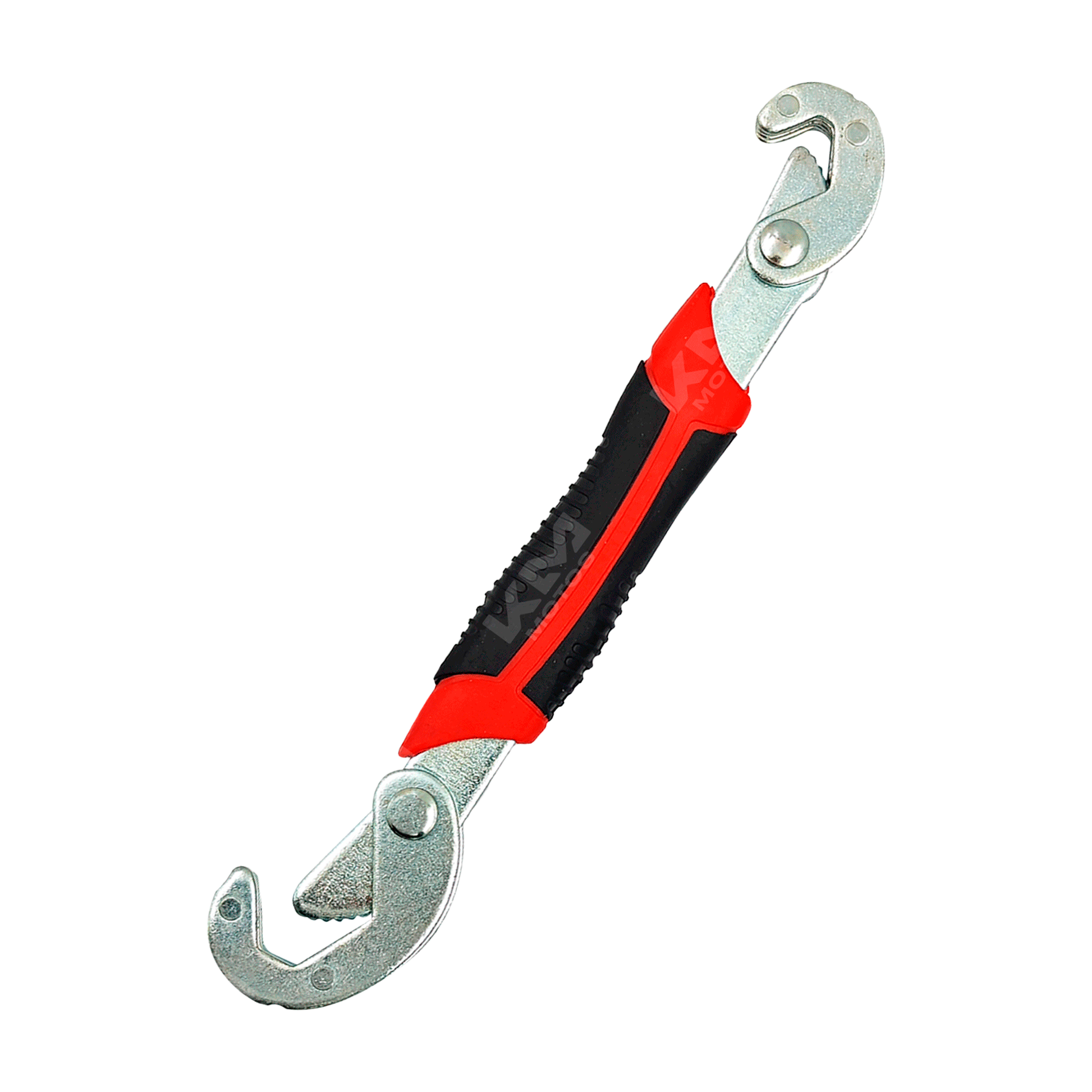 Llave multiusos ajustable grande de la marca KM Motos, con mango ergonómico y boca ajustable para diferentes tornillos y tuercas.