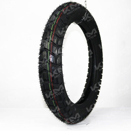 Llanta delantera Opin/Guzack 3.00-18 doble propósito para motos, resistente y adecuada para uso en caminos y ciudad.