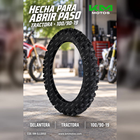 Llanta delantera 100/90-19 para tractor Journey, Opin o Guz, de la marca KM Motos, muestra la banda de rodadura y estructura.