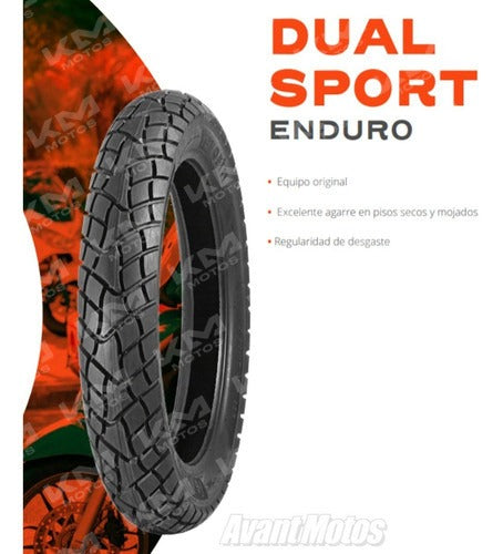 Llanta de 90/90-19 doble propósito Universal para motos, ideal para caminos y ciudad, con banda de rodadura resistente.
