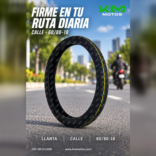 Llanta 60/80-18 KM Motos Lisa Supertoro, neumático para motocicleta con banda de rodadura lisa y estructura resistente.