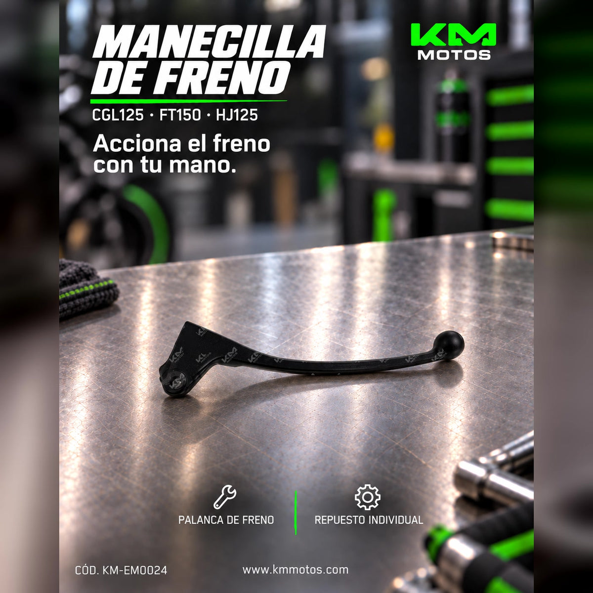 Manecilla de freno universal para motos CGL125, FT150 y HJ125, visible en la imagen con detalles metálicos y montaje.
