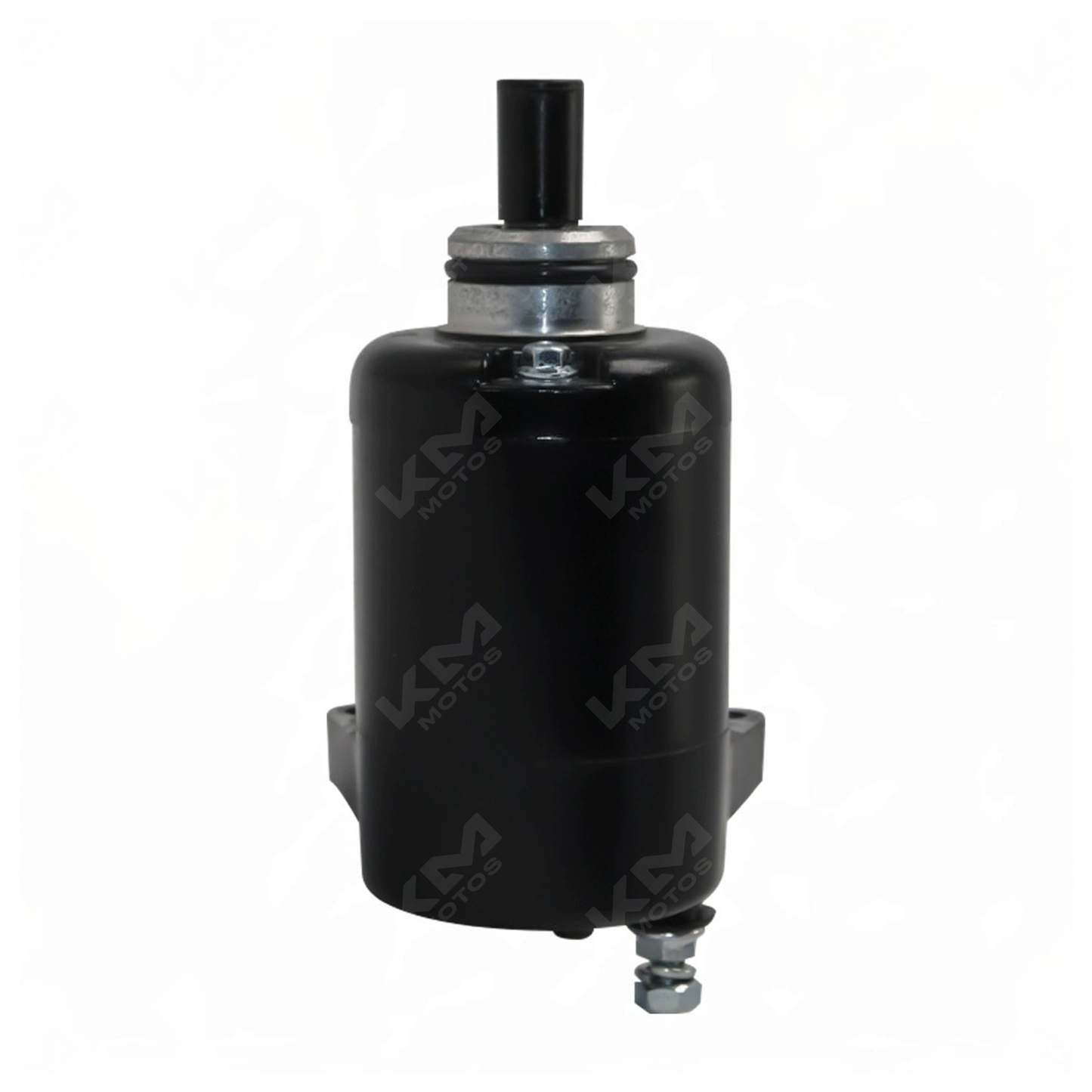 Motor de arranque NS200 de KM Motos, vista del componente eléctrico para motocicletas, en color negro con detalles metálicos.