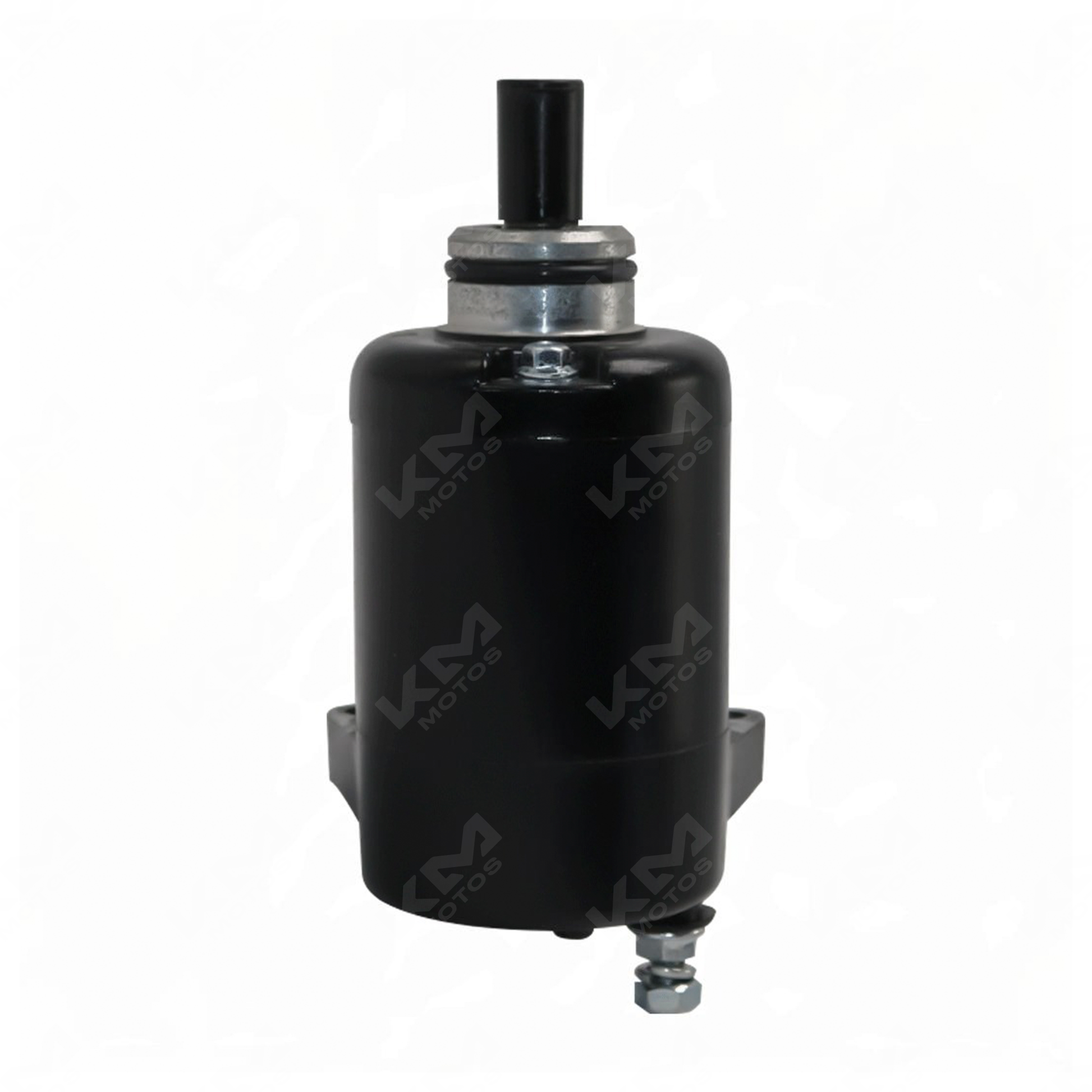 Motor de arranque NS200 de KM Motos, vista del componente eléctrico para motocicletas, en color negro con detalles metálicos.