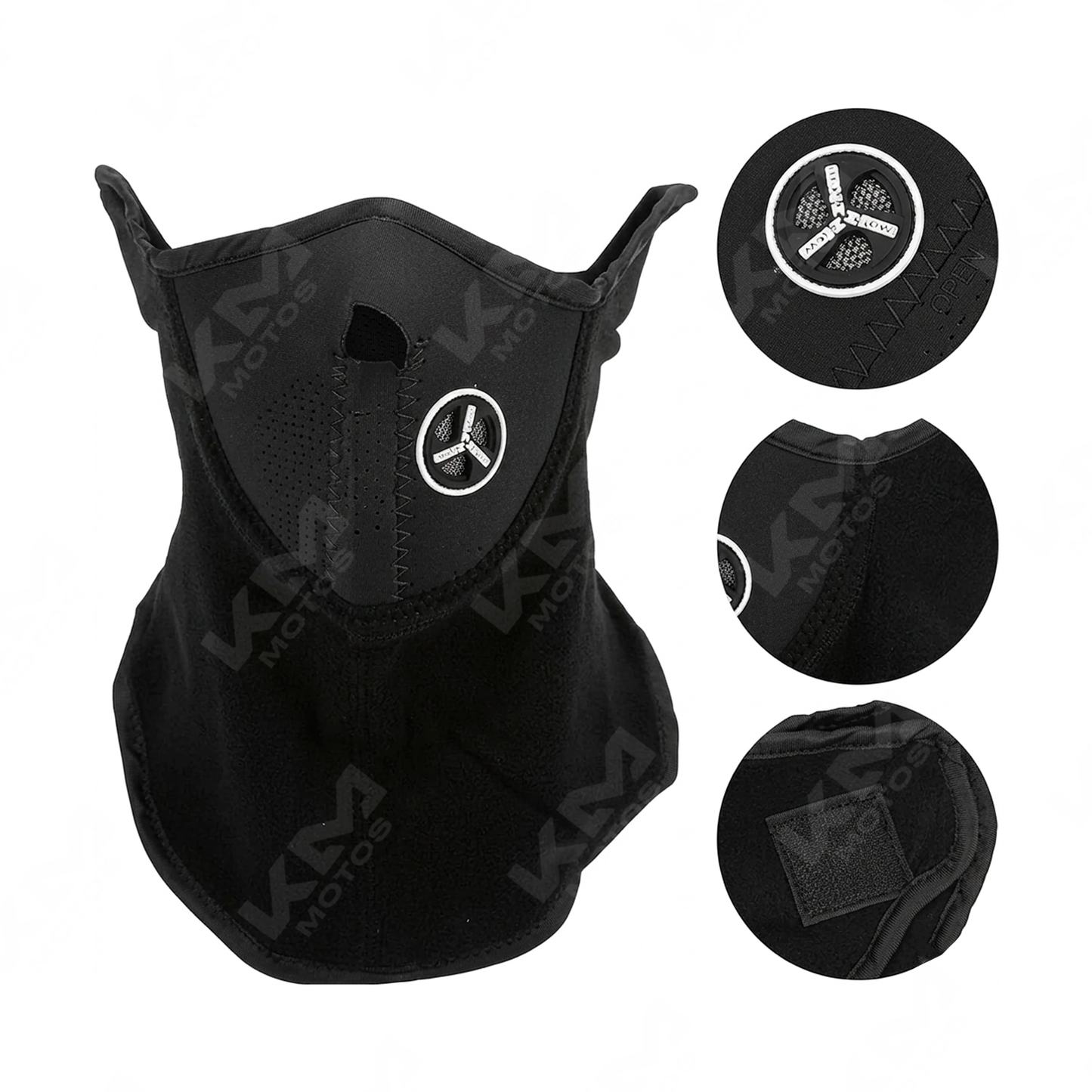 Naricera cubreboca sport negra de KM Motos, diseñada para protección y comodidad, con tela ajustada y detalles deportivos.