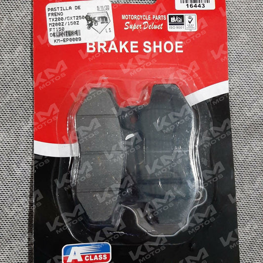 Pastilla de freno TX200 para motos, muestra la estructura y material de fricción en una imagen clara.
