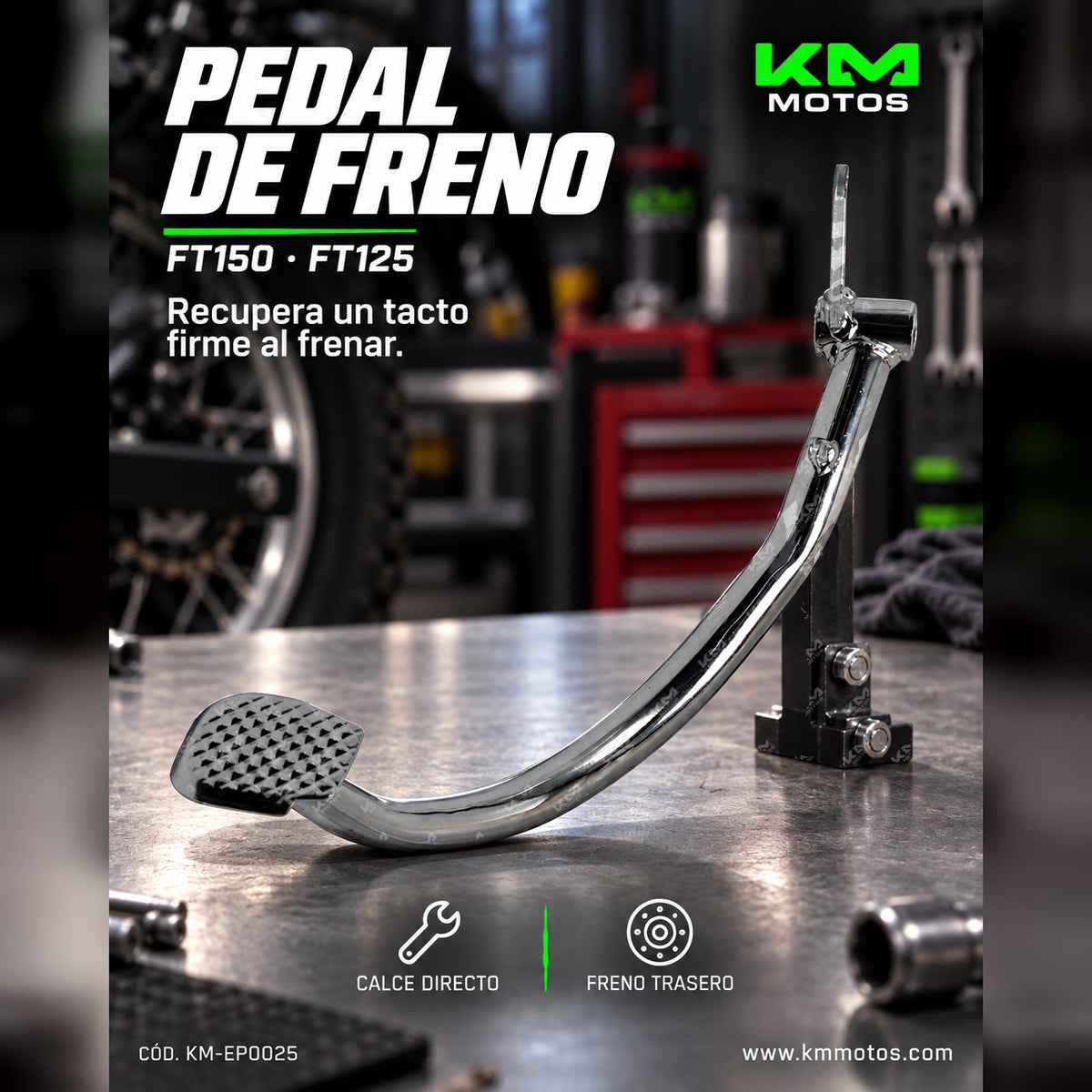 Pedal de freno KM Motos FT150/FT125, compatible con motocicletas, en color negro, con detalles de estructura metálica.