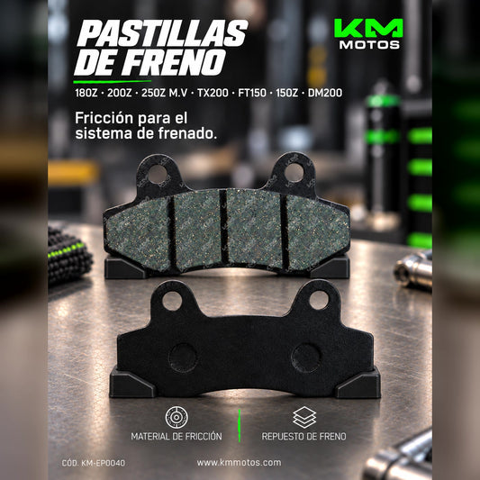 Pastillas de freno Italika para motos 180Z, 200Z, 250Z, TX200, FT150, 150Z y DM200, visibles en la imagen.