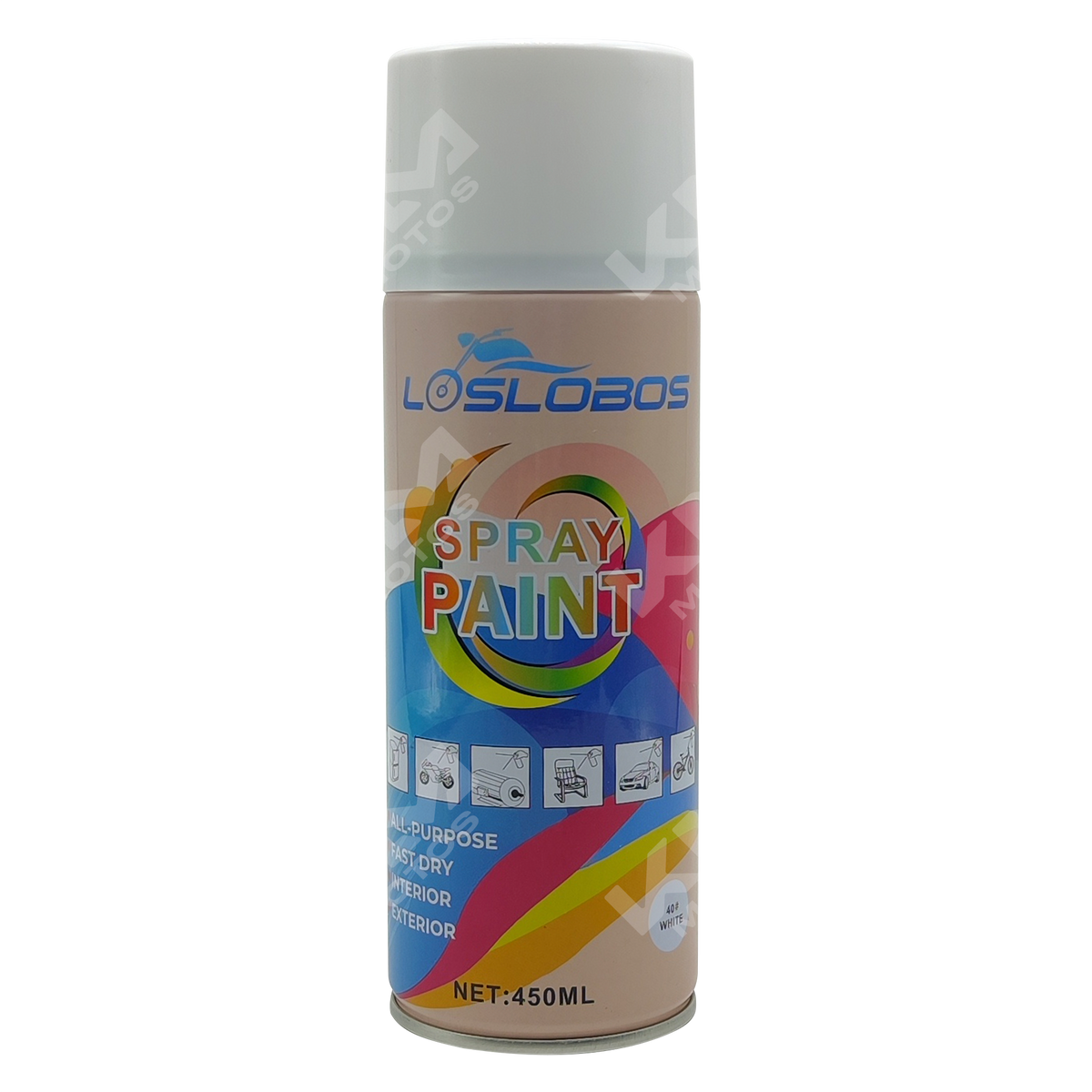 Pintura en spray blanca mate de la marca KM Motos, aplicada en un objeto para un acabado liso y uniforme.