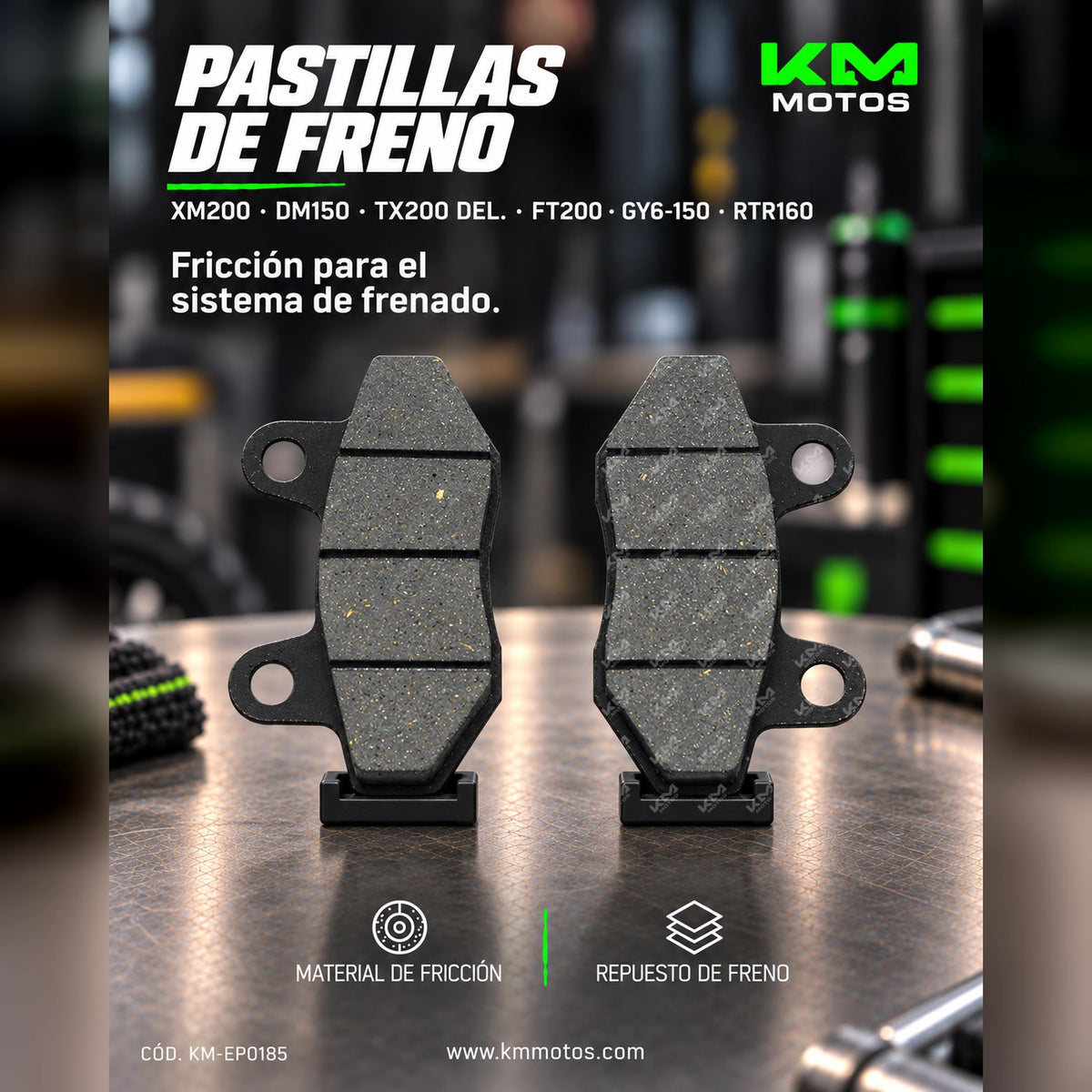 Pastillas de freno Genesis XM200 y DM150 para motos, visibles en la imagen, con componentes de freno y detalles de fabricación
