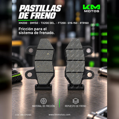 Pastillas de freno Genesis XM200 y DM150 para motos, visibles en la imagen, con componentes de freno y detalles de fabricación