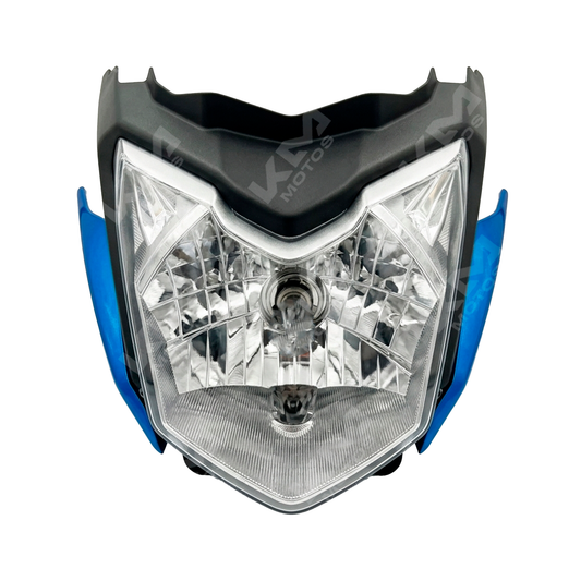 Carena azul completa para YBR125Z de KM Motos, muestra la parte delantera y laterales en un fondo blanco