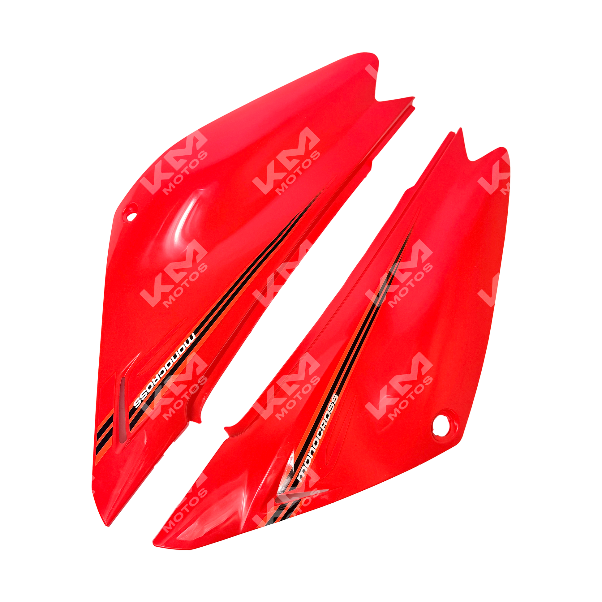 Tapaderas laterales rojas para Yamaha XTZ125, parte de la carcasa de KM Motos, visible en la imagen.