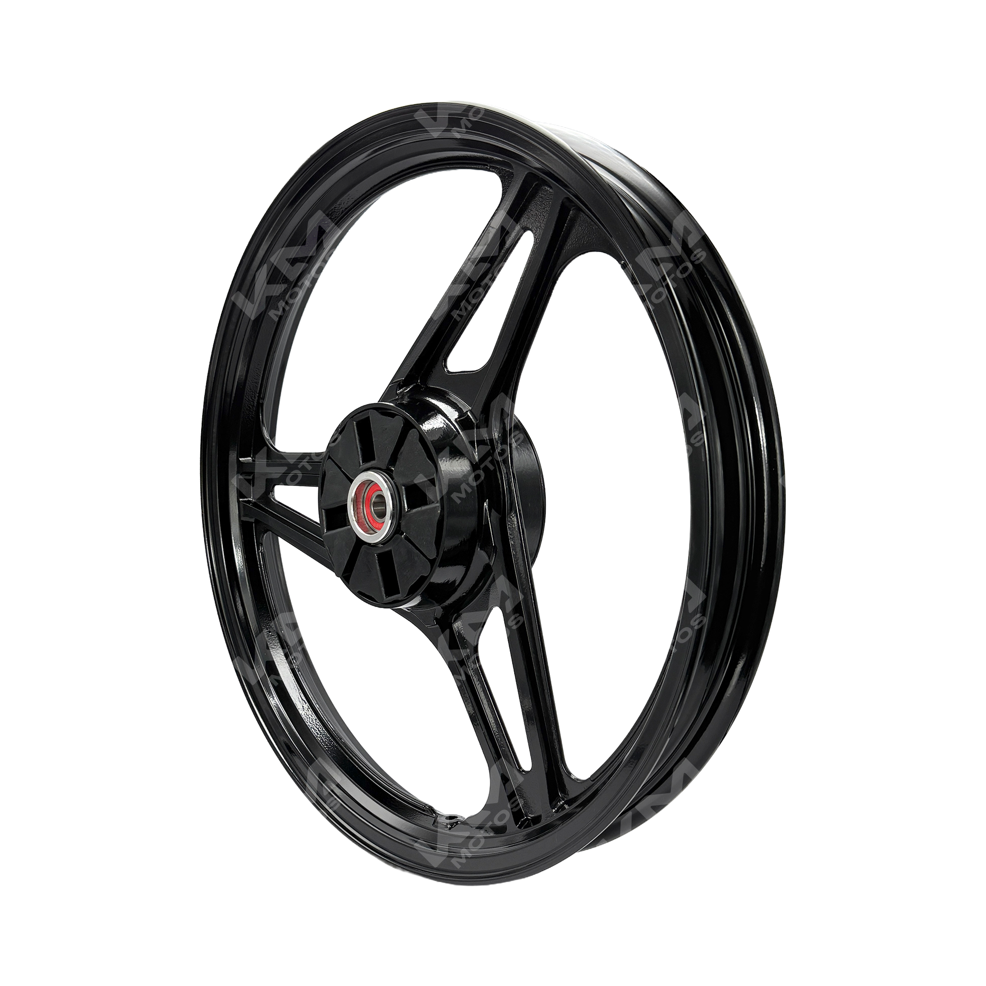Rin trasero de 3 aspas para YBR125 de KM Motos, en color negro, con diseño aerodinámico y acabado resistente.
