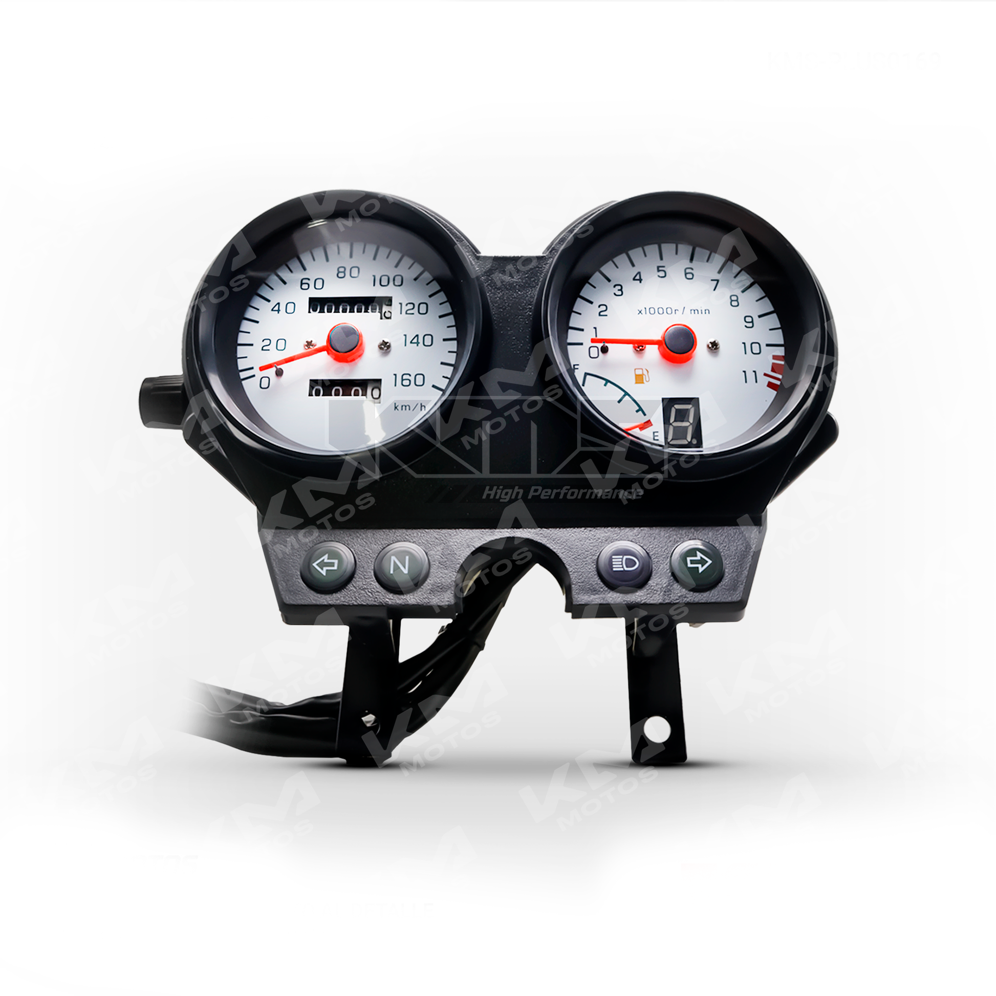 Tacómetro Universal HJ125-7 mostrando la pantalla con medición de velocidad en kilómetros por hora y detalles del instrumento.