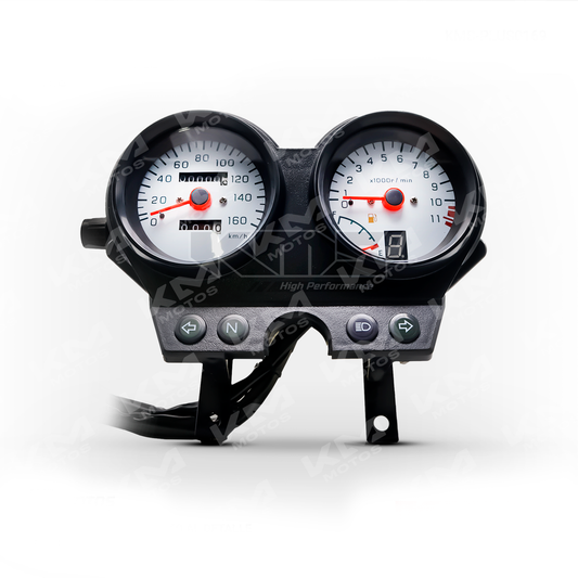 Tacómetro Universal HJ125-7 mostrando la pantalla con medición de velocidad en kilómetros por hora y detalles del instrumento.
