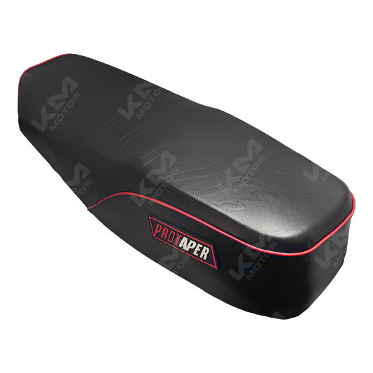 Asiento de moto racing ProTaper para CG125, KB150 y MG150, con diseño deportivo y tapizado negro.