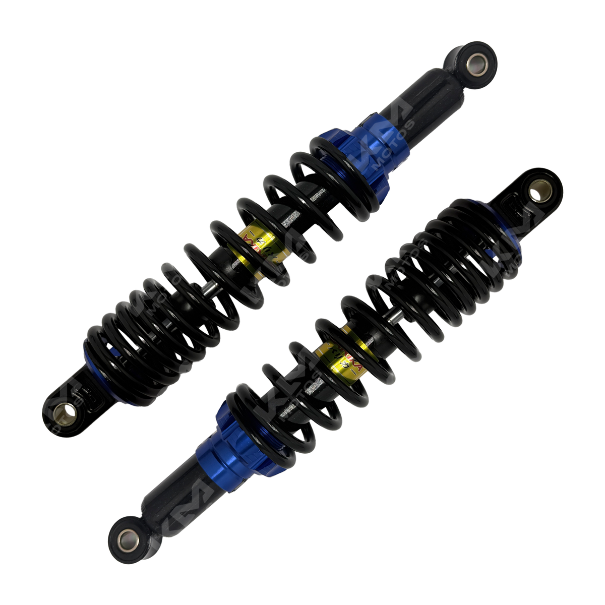 Amortiguador de lujo universal ajustable de KM Motos, en varios colores, para motocicletas, visible en la imagen.