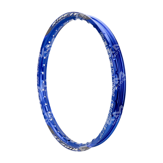 Rin de aluminio azul para motocicleta de 1.20x17 cm con marca KM Motos, resistente y de alta durabilidad.