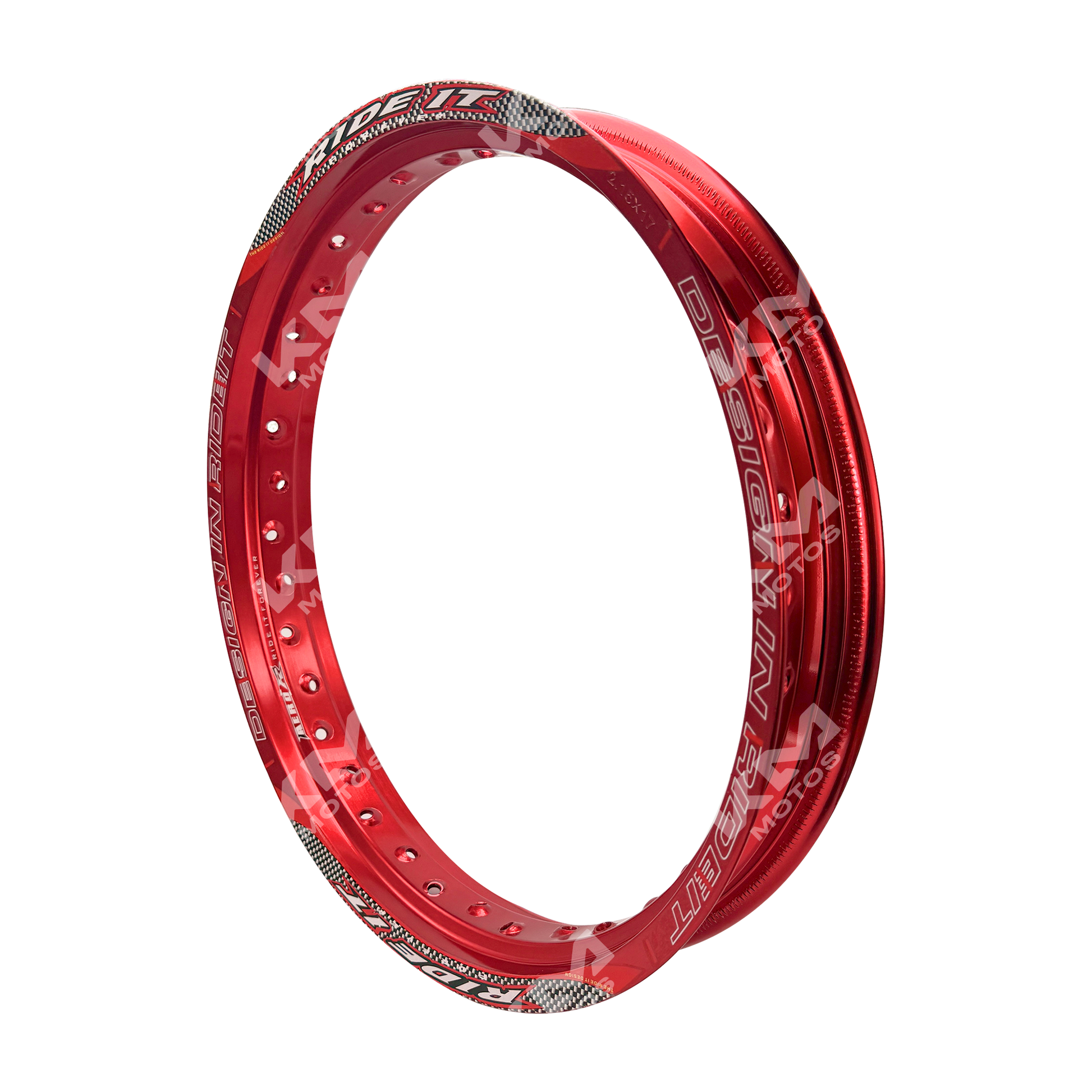 Rin de aluminio rojo KM Motos de 2.15x17 pulgadas, diseño resistente y liviano para motocicletas.