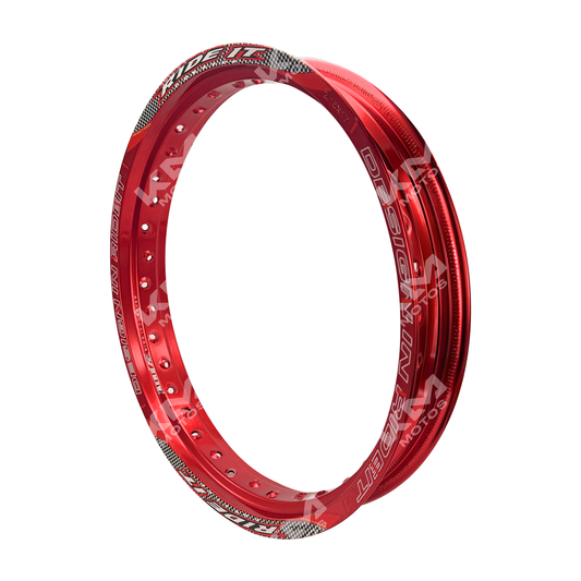Rueda de aluminio KM Motos 2.15x17 en color rojo para motocicleta, vista frontal mostrando el diseño y acabado brillante.
