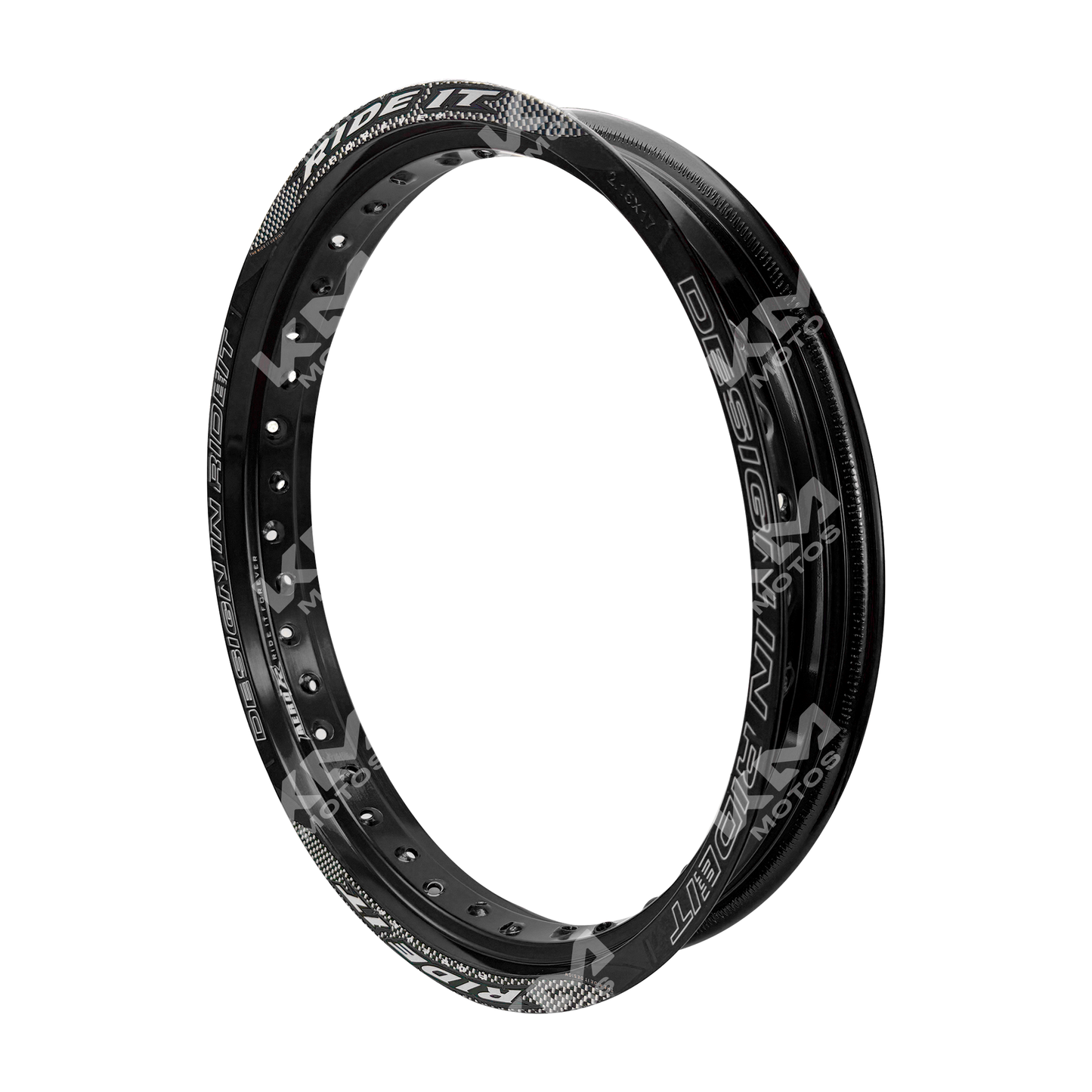 Llanta de aluminio negra de 17 pulgadas y 2.15 de ancho de la marca KM Motos.