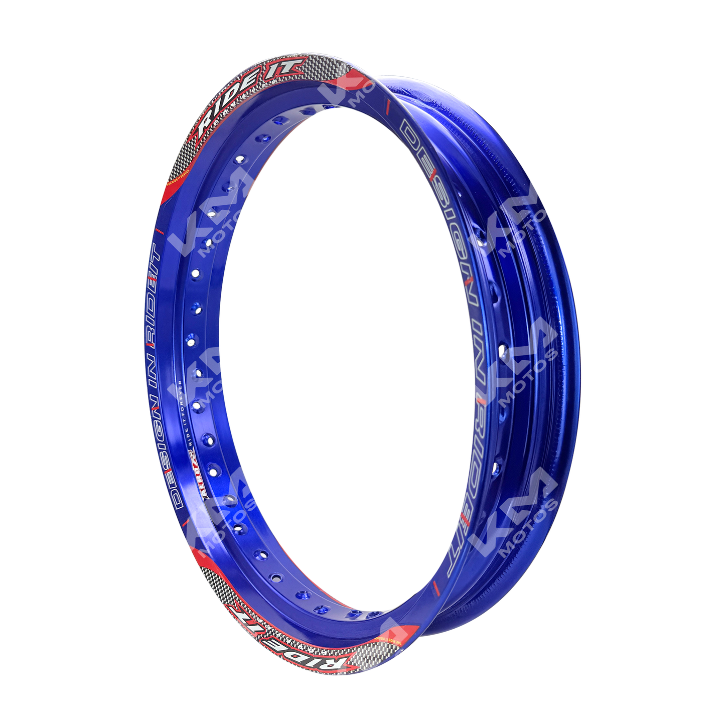 Rueda de aluminio azul KM Motos de 17 pulgadas y 2.50 de ancho para motocicleta, vista frontal con detalles del diseño.