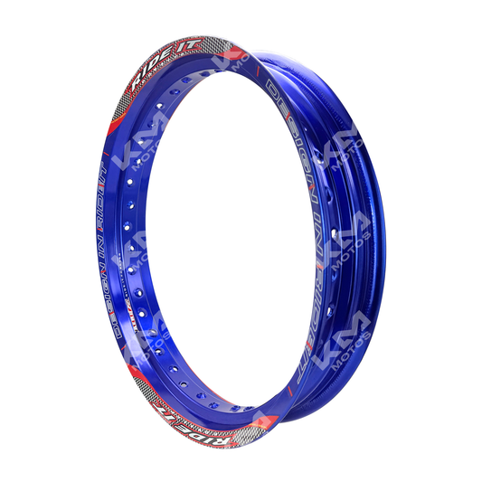 Rueda de aluminio azul KM Motos de 17 pulgadas y 2.50 de ancho para motocicleta, vista frontal con detalles del diseño.