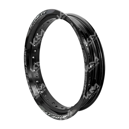 Rueda de aluminio negra de 17 pulgadas para moto, modelo ARO 3.00*17 de la marca KM Motos, vista frontal.