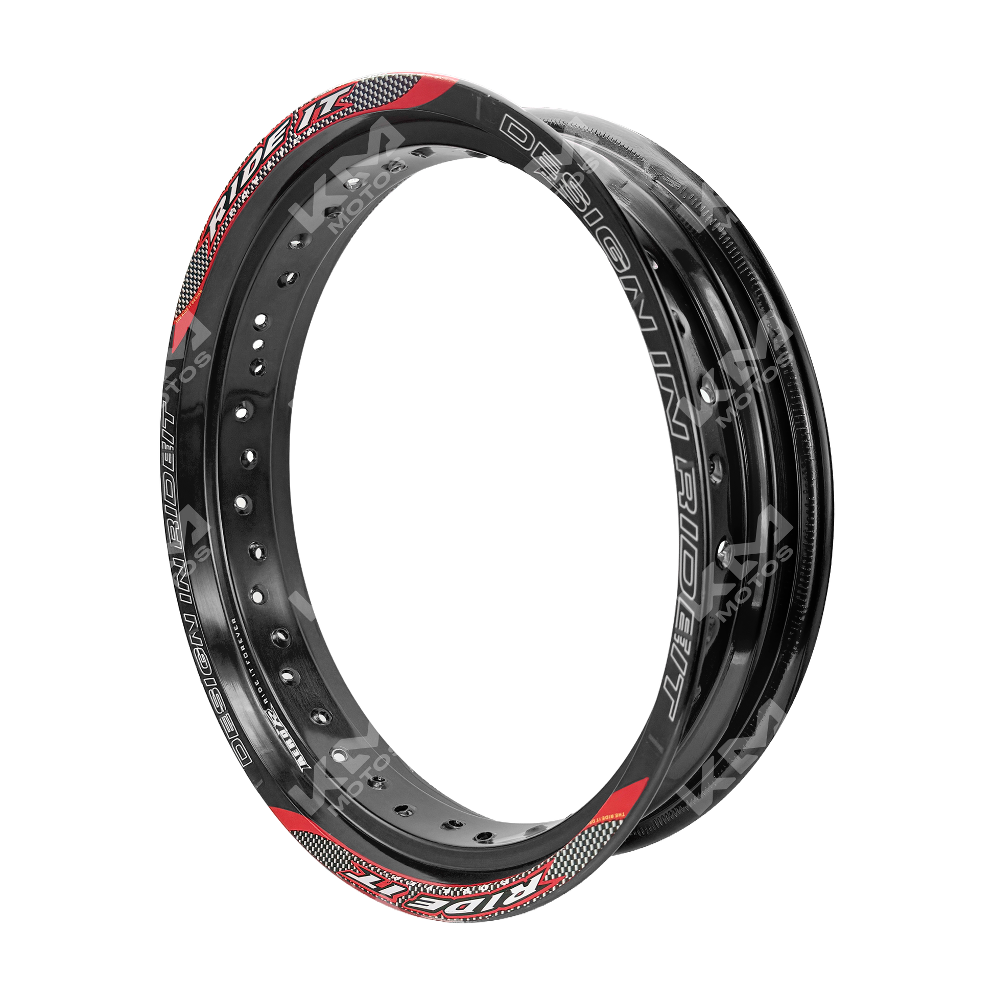 Rueda de aluminio KM Motos 3.50x17 en color negro para motocicleta, vista frontal con detalles del diseño.