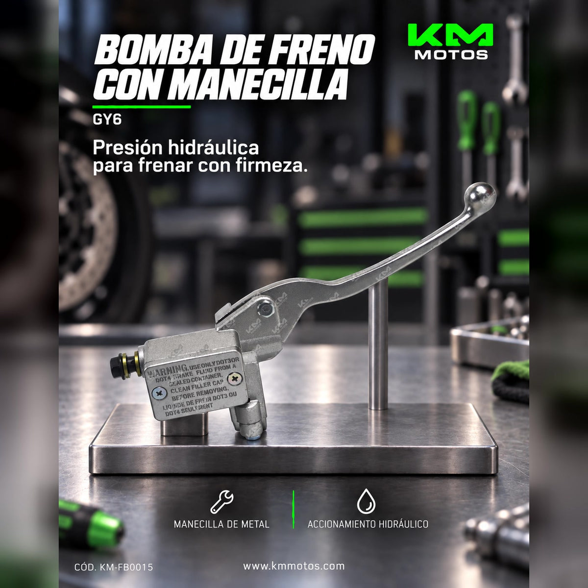 Bomba de freno KM Motos GY6 con manecilla de metal, componente para sistemas de frenado de motocicleta.