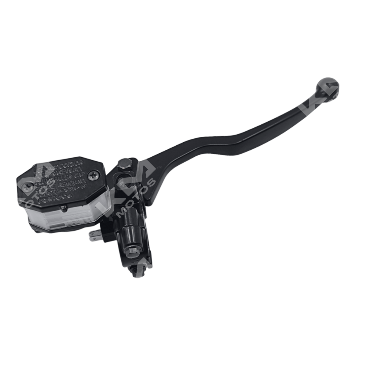 Bomba de freno de plástico con manecillas para motos, marca KM Motos, mostrada en la imagen.