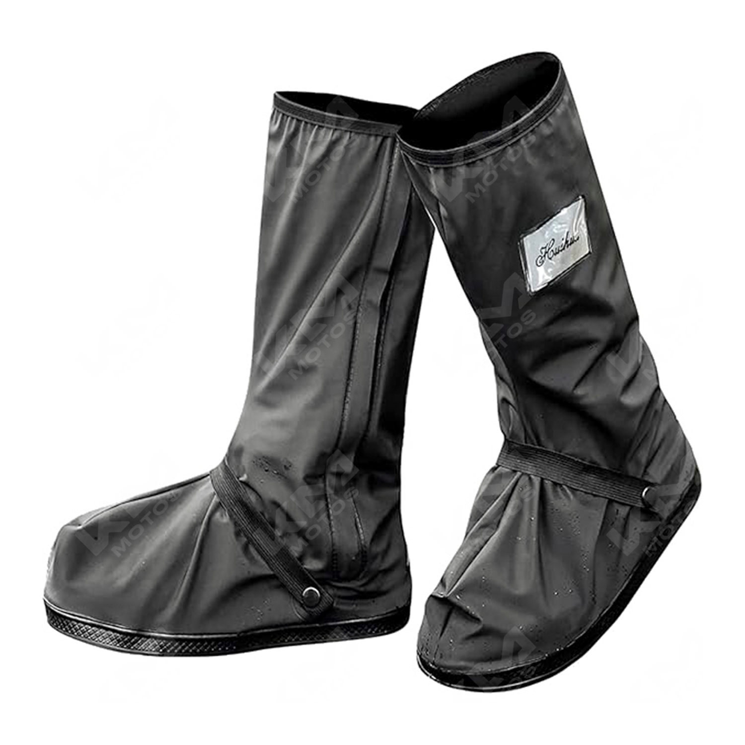 Botas impermeables KM Motos, de color negro, con suela antideslizante y cierre resistente, ideales para protección contra la lluvia.