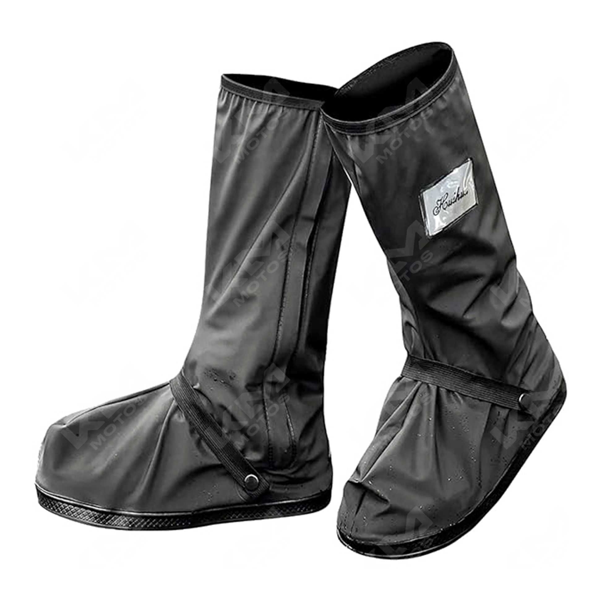 Botas impermeables KM Motos, de color negro, con suela antideslizante y cierre resistente, ideales para protección contra la lluvia.