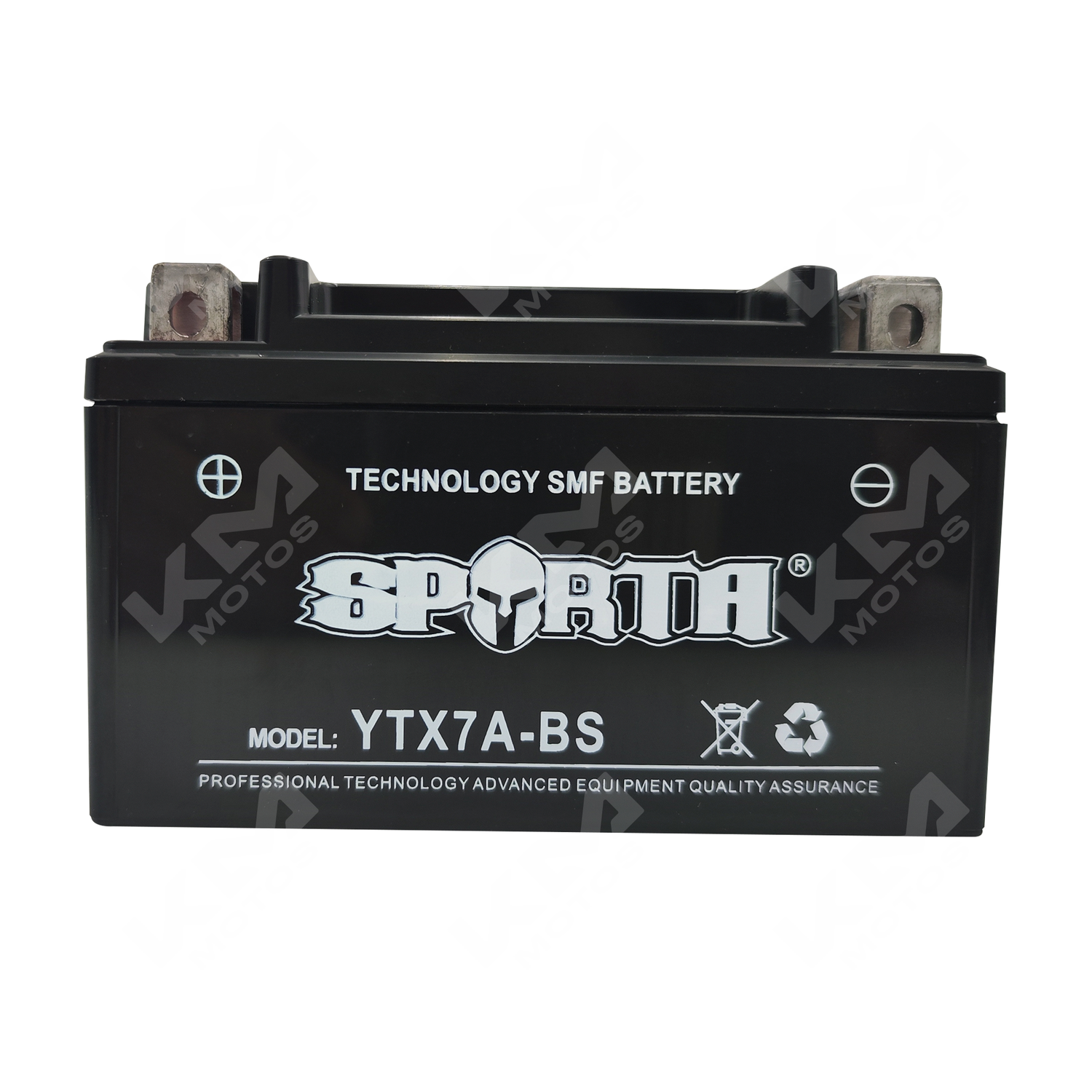 Batería sellada YTX7A-BS Sparta de KM Motos, vista frontal mostrando terminales y carcasa negra.