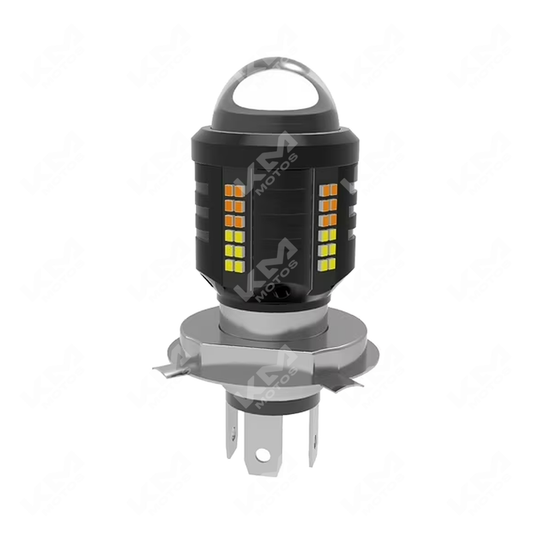 Luz LED H4 KM Motos en blanco y amarillo con lupa, para faros de motocicleta con foco brillante y duradero.