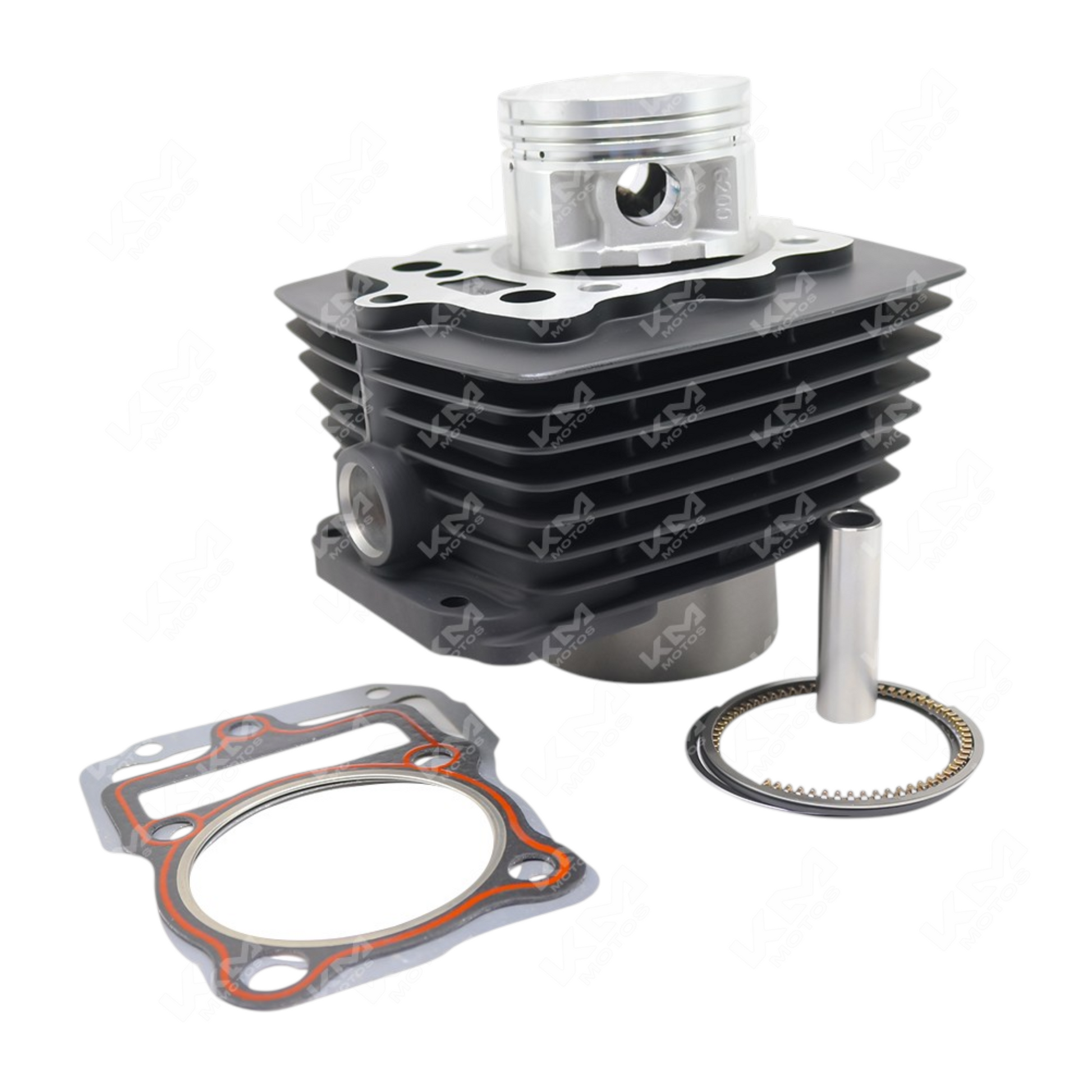 Cilindro negro para moto CG250, DM250, XM250 o Rayder 250 de KM Motos, vista lateral del kit completo de cilindro.