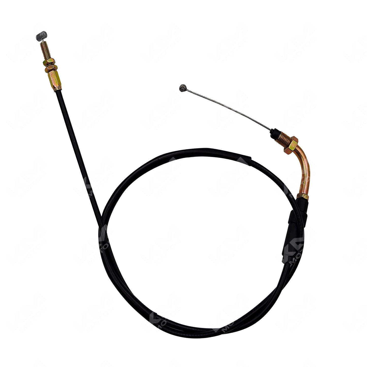 Cable de acelerador KM Motos GXT/KMF A/R, visible en imagen con conectores y recubrimiento negro para motocicleta.