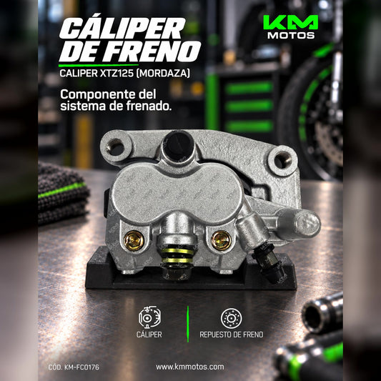 Caliper de freno KM Motos para XTZ125, mordaza de alta calidad, en color negro con detalles metálicos.
