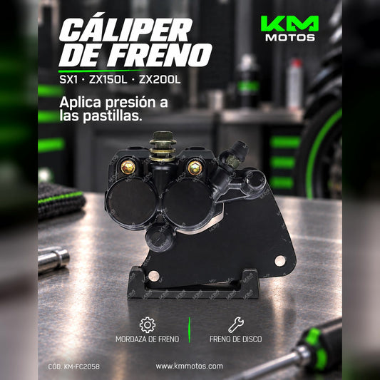 Caliper trasero universal para motos SX1, ZX150L y ZX200L, en color negro, muestra detalles y montaje.