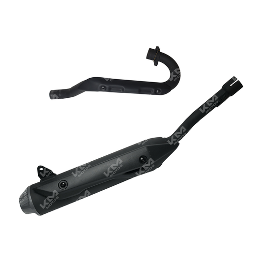 Motor de escape KM Motos SX1 150 y SX2 200, ZX150L y ZX200L, con tubo de escape brillante y componentes metálicos.