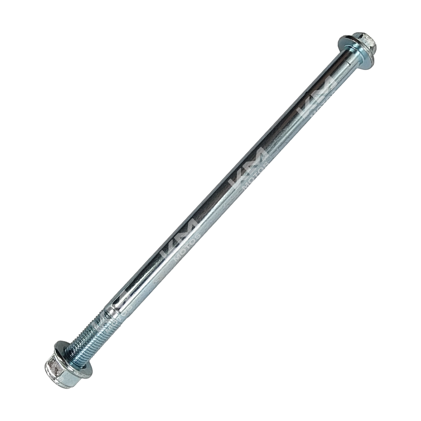 KM Motos front axle 12x210 ft 125 with metal components and mounting points, suitable for motorcycle or vehicle repair.
