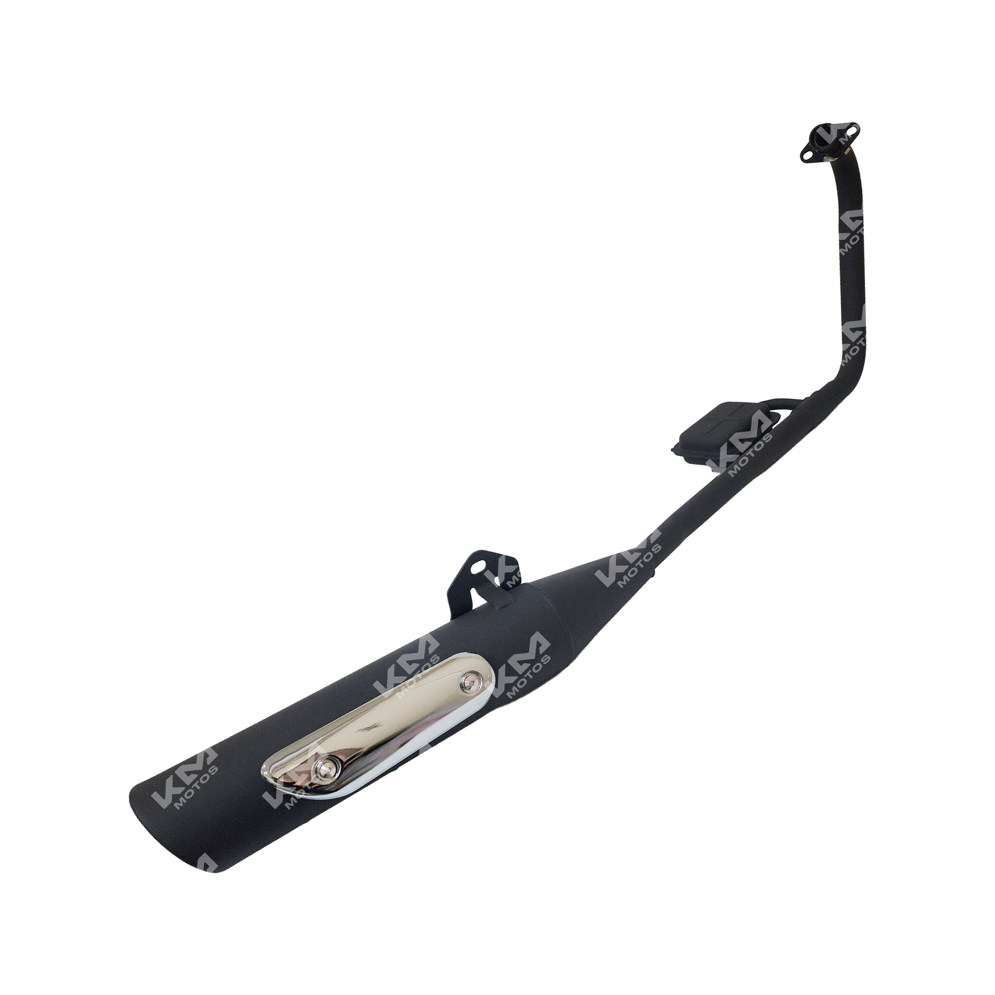 Caja de escape KM Motos Boxer BM 150, vista lateral mostrando el tubo de escape y detalles de diseño en acabado metálico