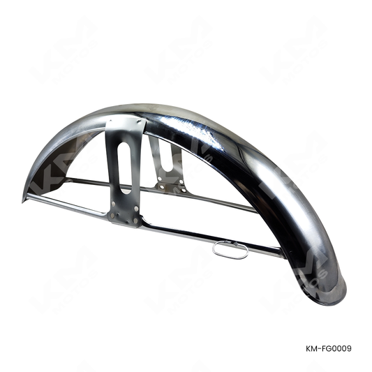 Guardafangos delantero de metal para motocicleta CG125, mostrando la estructura resistente y acabado metálico.