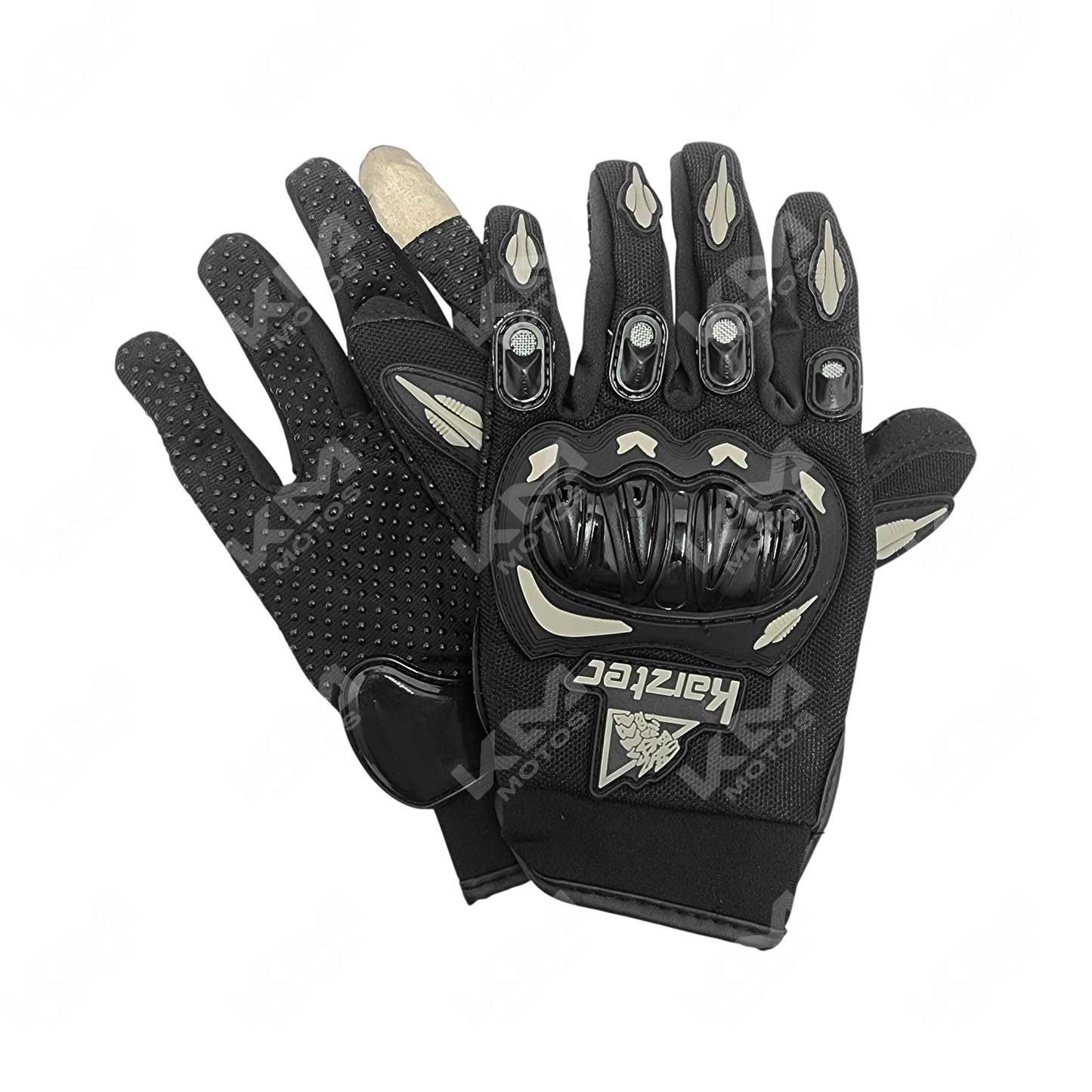 Guantes largos táctiles con protección de la marca KM Motos, ideales para conducción segura y cómoda.