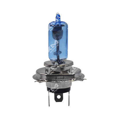 Ampolla de faro halógena H4 azul normal de KM Motos, muestra la luz brillante y el diseño de la lámpara para motocicleta.