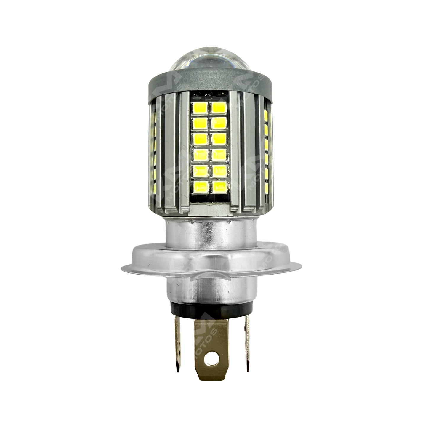 Luz LED H4 lupa de 5 lados blanca con flasheo de la marca KM Motos, ideal para mejorar la visibilidad en motocicletas.