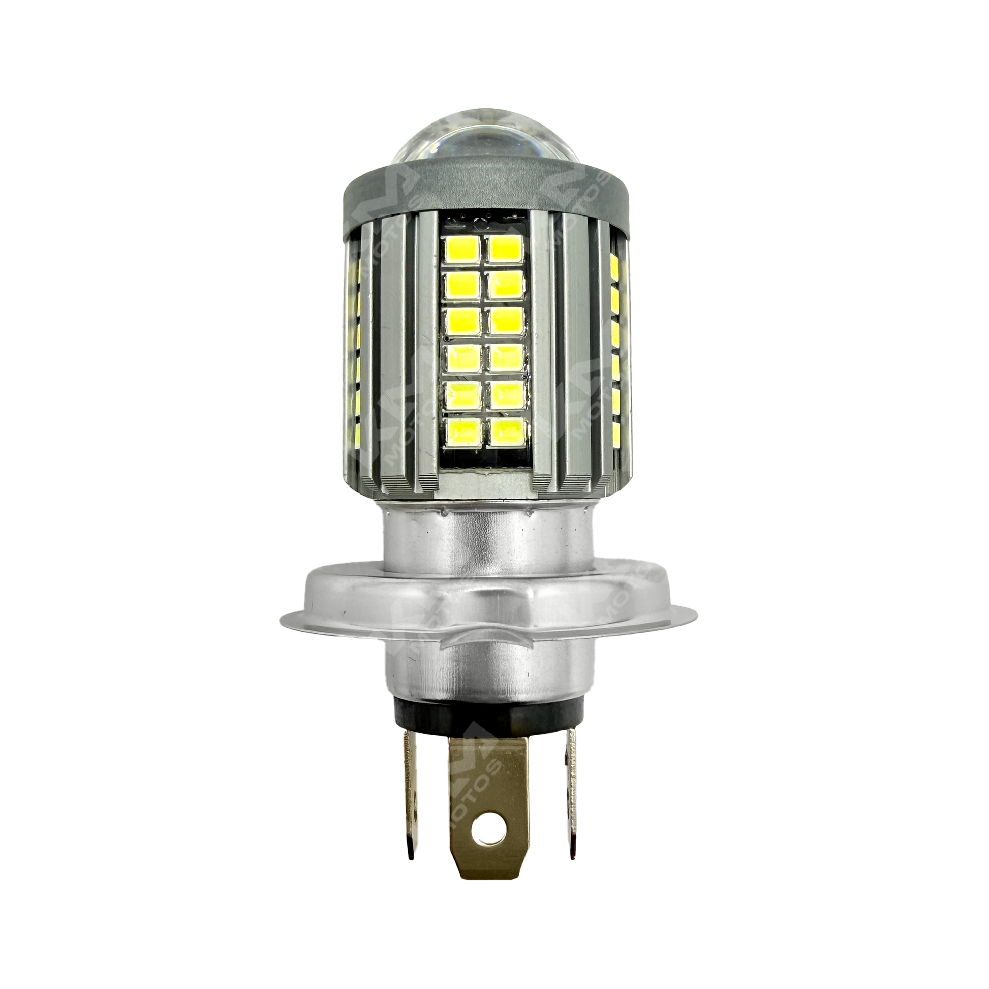 Luz LED H4 lupa de 5 lados blanca con flasheo de la marca KM Motos, ideal para mejorar la visibilidad en motocicletas.